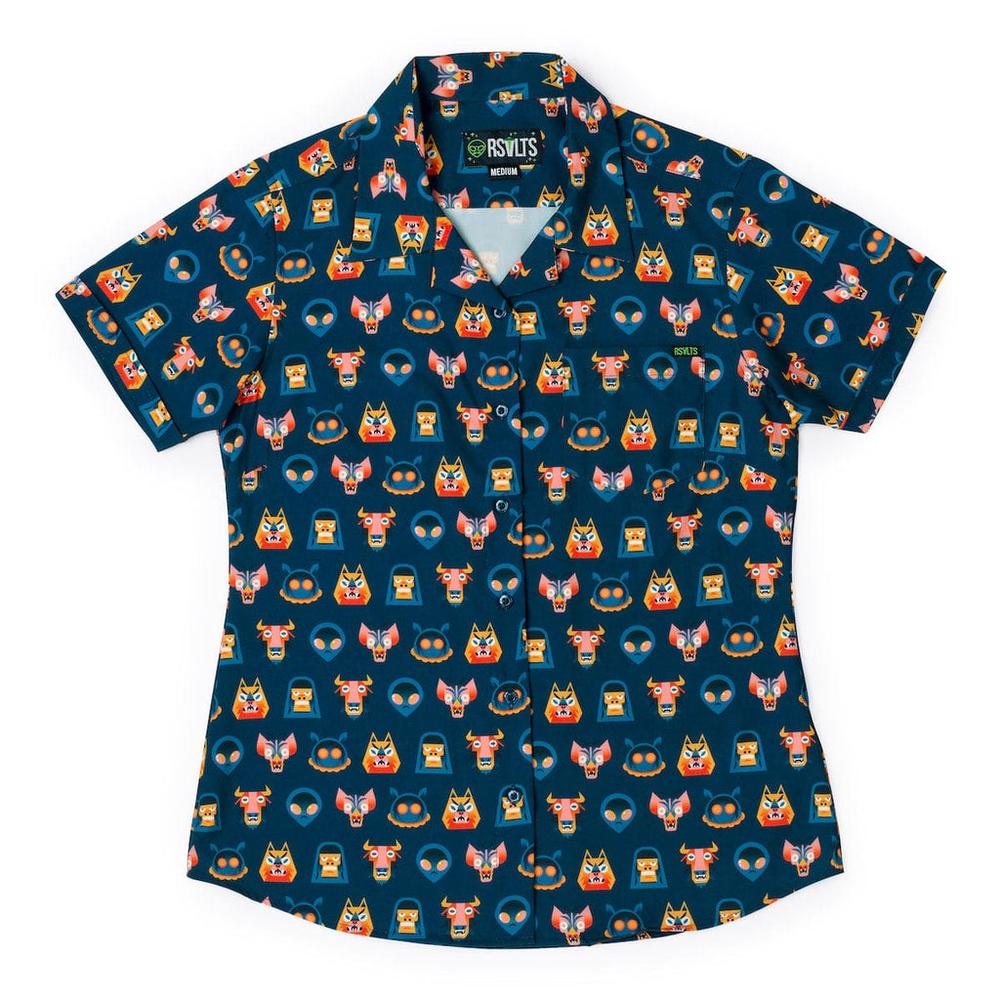 RSVLTS Tales from the Cryptids Women's KUNUFLEX Short Sleeve Shirt in Blue — front view