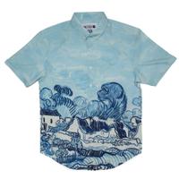RSVLTS Landscape With Houses KUNUFLEX Short Sleeve Shirt in Blue — front view