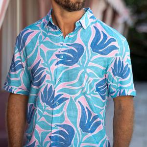 RSVLTS Turq Tropic Bamboo Short Sleeve Shirt in Blue — front view