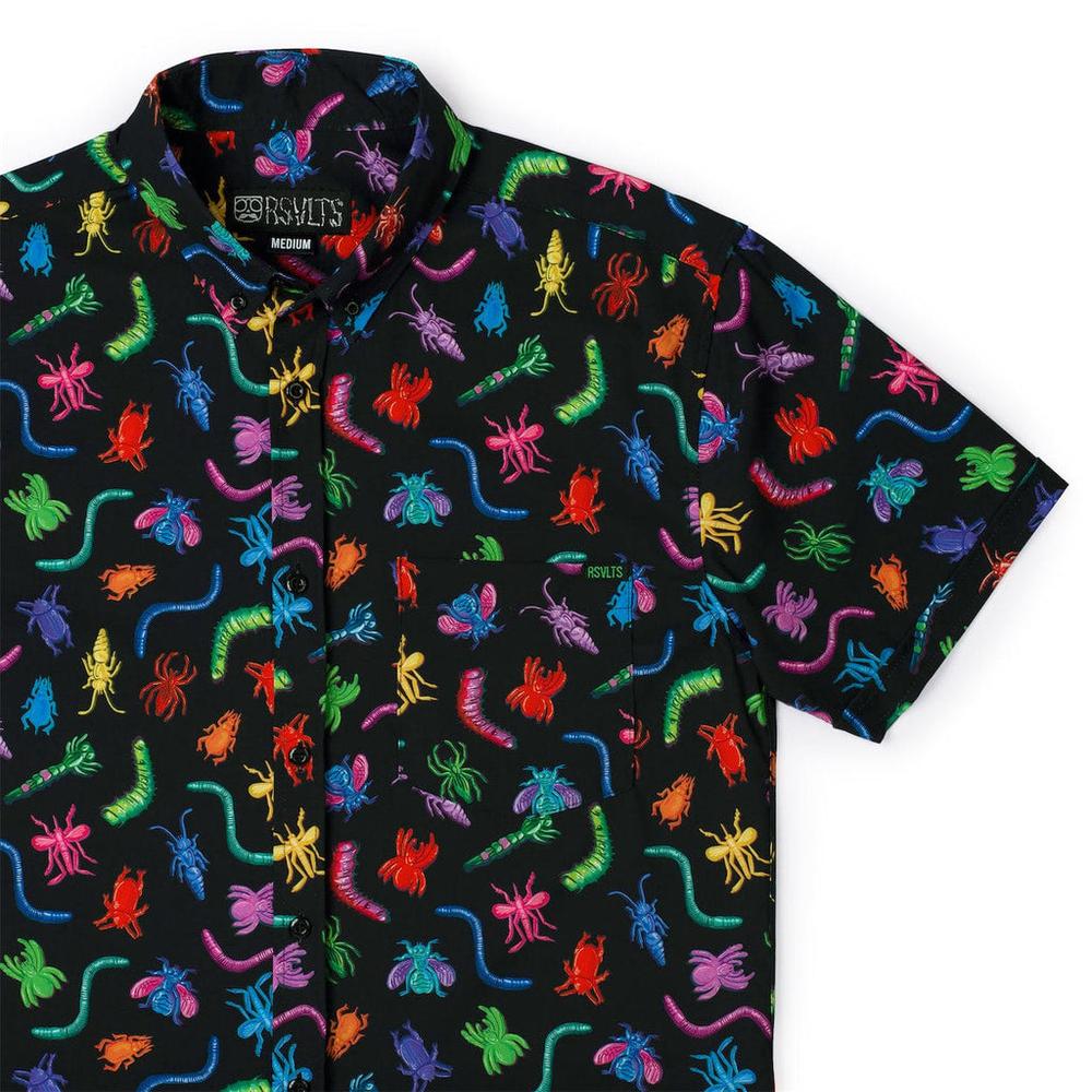 RSVLTS Creepy Crawlers KUNUFLEX Short Sleeve Shirt in Black — front view