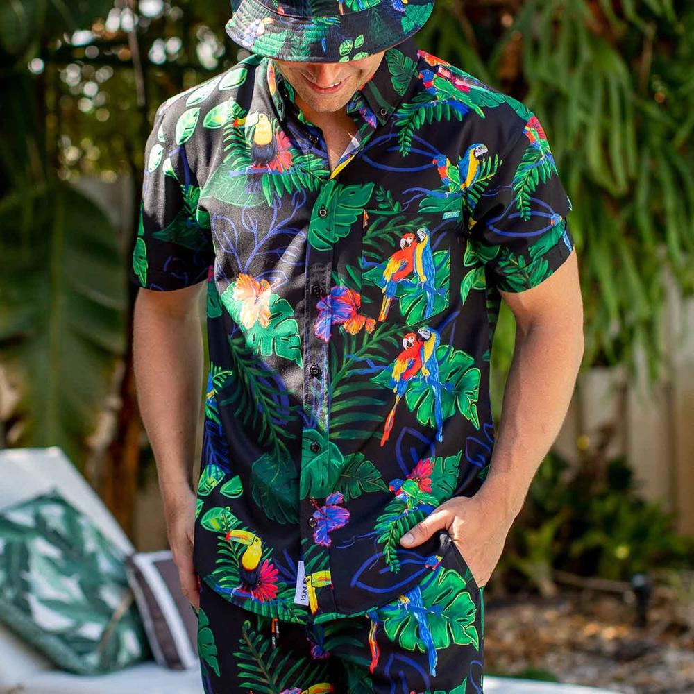 RSVLTS Two Tickets to Parrotise KUNUFLEX Short Sleeve Shirt in Black — detail 4