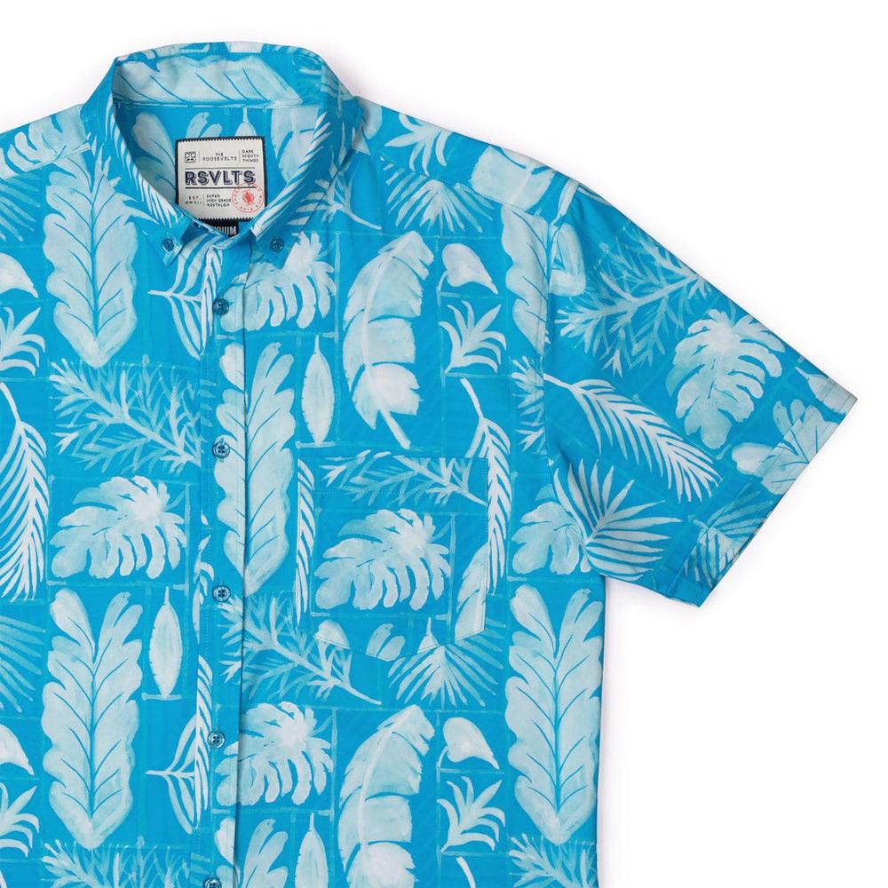 RSVLTS Tropi-cool Leaves KUNUFLEX Short Sleeve Shirt in Blue — front view