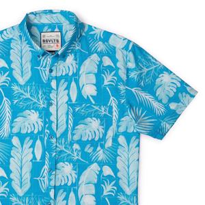 RSVLTS Tropi-cool Leaves KUNUFLEX Short Sleeve Shirt in Blue — front view