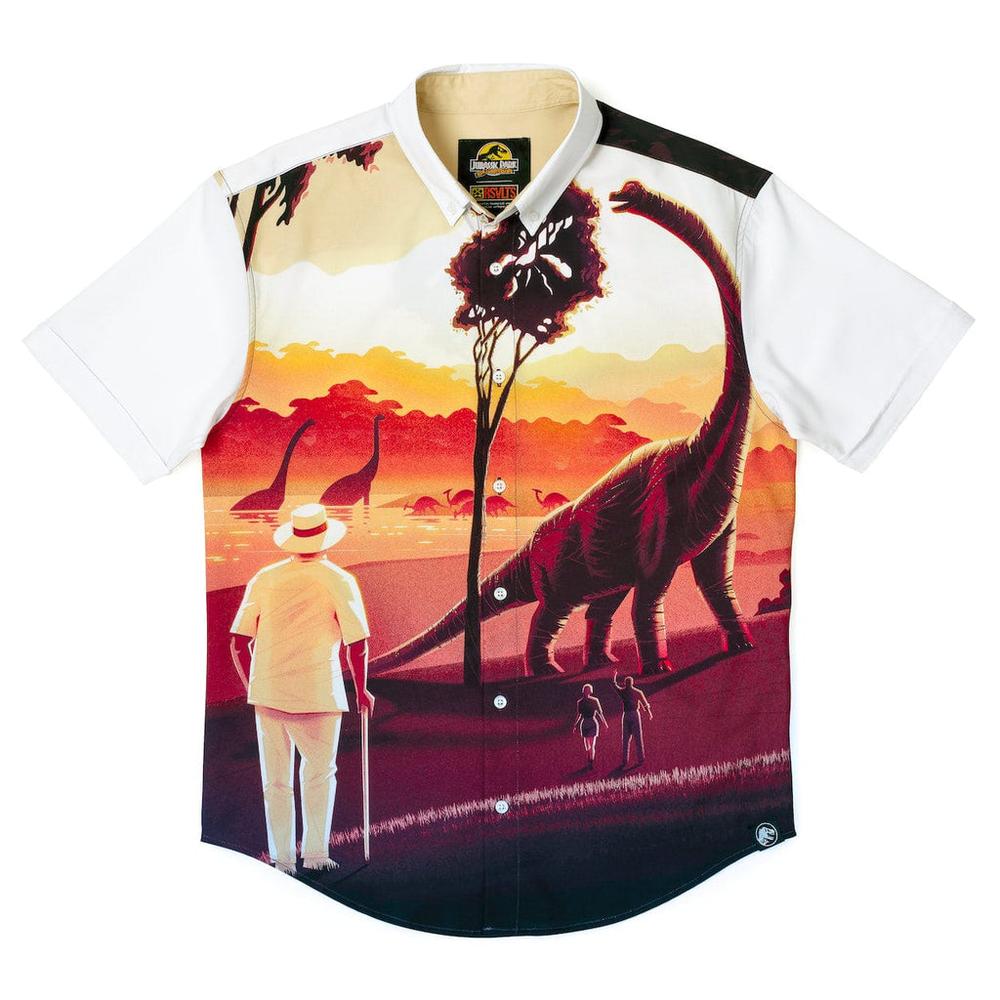 RSVLTS Welcome to Jurassic Park KUNUFLEX Short Sleeve Shirt in White — front view