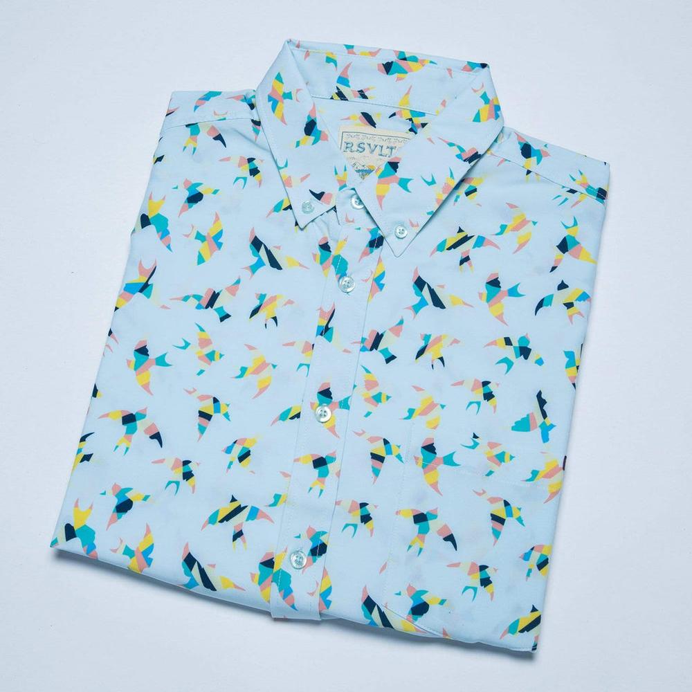 RSVLTS Birds of Play KUNUFLEX Short Sleeve Shirt in Blue — detail 4