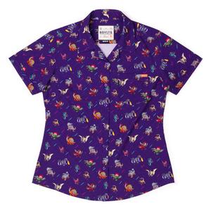 RSVLTS Lazer Dinos Women's KUNUFLEX Short Sleeve Shirt in Purple — front view