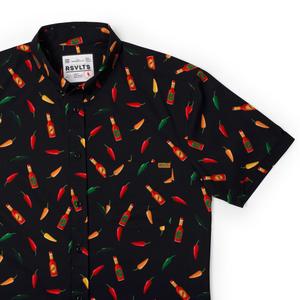 RSVLTS Chili Peppers & Hot Sauce KUNUFLEX Short Sleeve Shirt in Black — front view