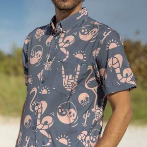 RSVLTS Snakes, Skulls, and Sunsets KUNUFLEX Short Sleeve Shirt in Gray — front view