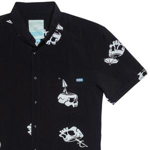 RSVLTS Isla Tortuga Stretch Seersucker Short Sleeve Shirt in Black — front view