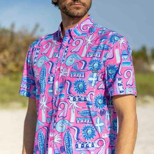 RSVLTS Pink Sand Beach KUNUFLEX Short Sleeve Shirt in Pink — front view