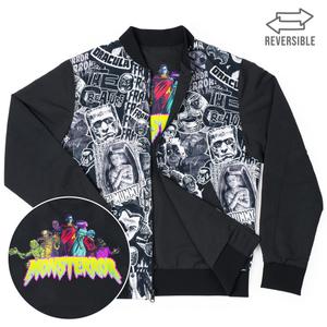 RSVLTS Monster Mashup Reversible Bomber Jacket in Black — front view