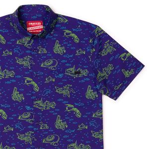 RSVLTS Bermuda Boneyard KUNUFLEX Short Sleeve Shirt in Blue — front view