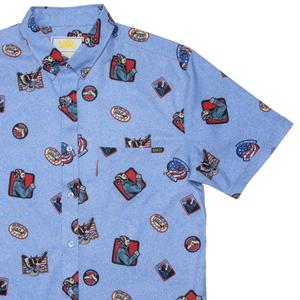 RSVLTS Rock, Flag, and Eagle KUNUFLEX Short Sleeve Shirt in Blue — front view