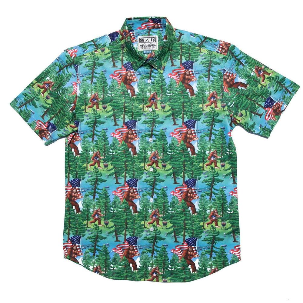 RSVLTS Smells Like Bigfoot’s Hot Dog KUNUFLEX Short Sleeve Shirt in Green — detail 2