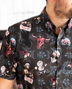 RSVLTS Jingle Bell Rock KUNUFLEX Short Sleeve Shirt in Black — front view