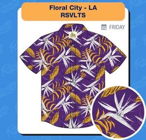 RSVLTS Floral City – Los Angeles 2023 KUNUFLEX Short Sleeve Shirt in Purple — front view