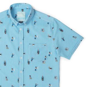 RSVLTS Sea Dogs Stretch Seersucker Short Sleeve Shirt in Blue — front view