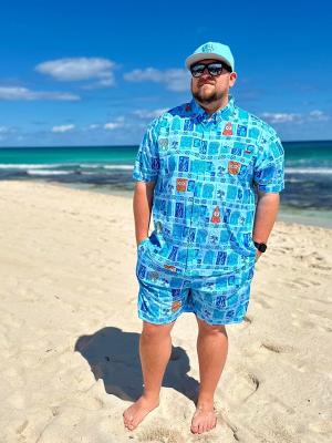 RSVLTS Riviera Maya Spongebob Tiki Squares Hybrid Shorts in Blue — front view
