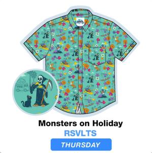 RSVLTS Monsters On Holiday KUNUFLEX Short Sleeve Shirt in Blue — front view