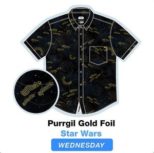RSVLTS Purrgil Gold Foil KUNUFLEX Short Sleeve Shirt in Black — front view