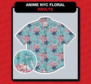 RSVLTS Anime NYC Floral KUNUFLEX Short Sleeve Shirt in Blue — front view