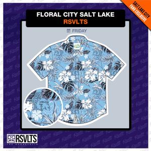 RSVLTS Floral City Salt Lake 2025 KUNUFLEX Short Sleeve Shirt in Blue — front view
