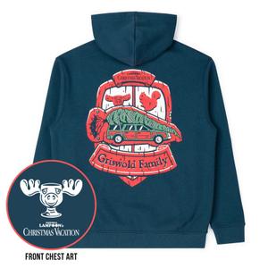 RSVLTS Griswold Family Crest Performance Hoodie in Blue — front view