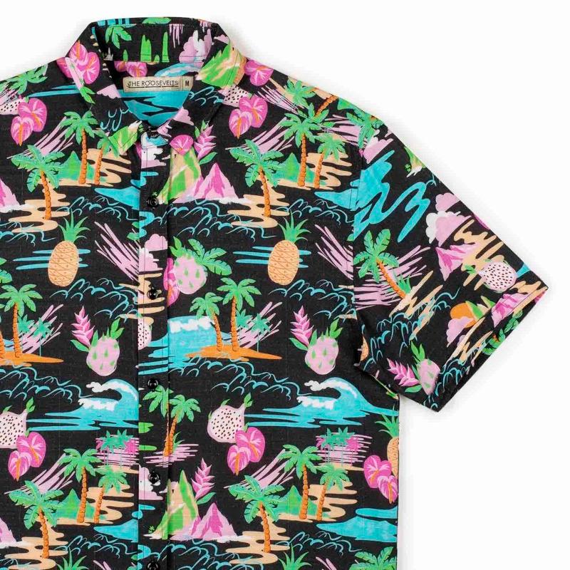 RSVLTS Neon Vacay (Bamboo) KUNUFLEX Short Sleeve Shirt in Black — front view