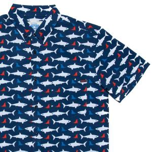 RSVLTS Red, White & Deep Blue Sea KUNUFLEX Short Sleeve Shirt in Blue — front view