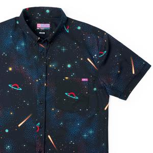 RSVLTS Arcade Carpet Strikes Back KUNUFLEX Short Sleeve Shirt in Blue — front view