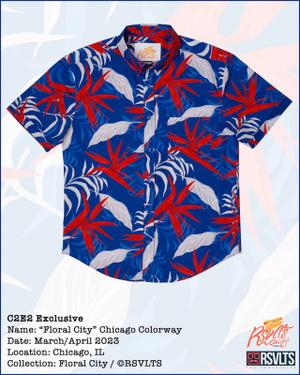RSVLTS Floral City – Chicago 2023 KUNUFLEX Short Sleeve Shirt in Blue — front view