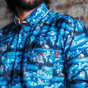 RSVLTS Happy Little Ski Slope BorlandFlex Long Sleeve Flannel in Blue — front view