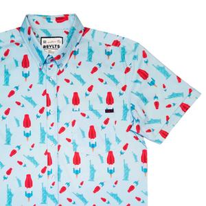 RSVLTS America Pops and Freedom (colorway) KUNUFLEX Short Sleeve Shirt in Light Blue — front view